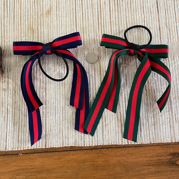 Hair bows!! Green/Red and Navy/Red with black elastics. 7” drop - Picture 4 of 5